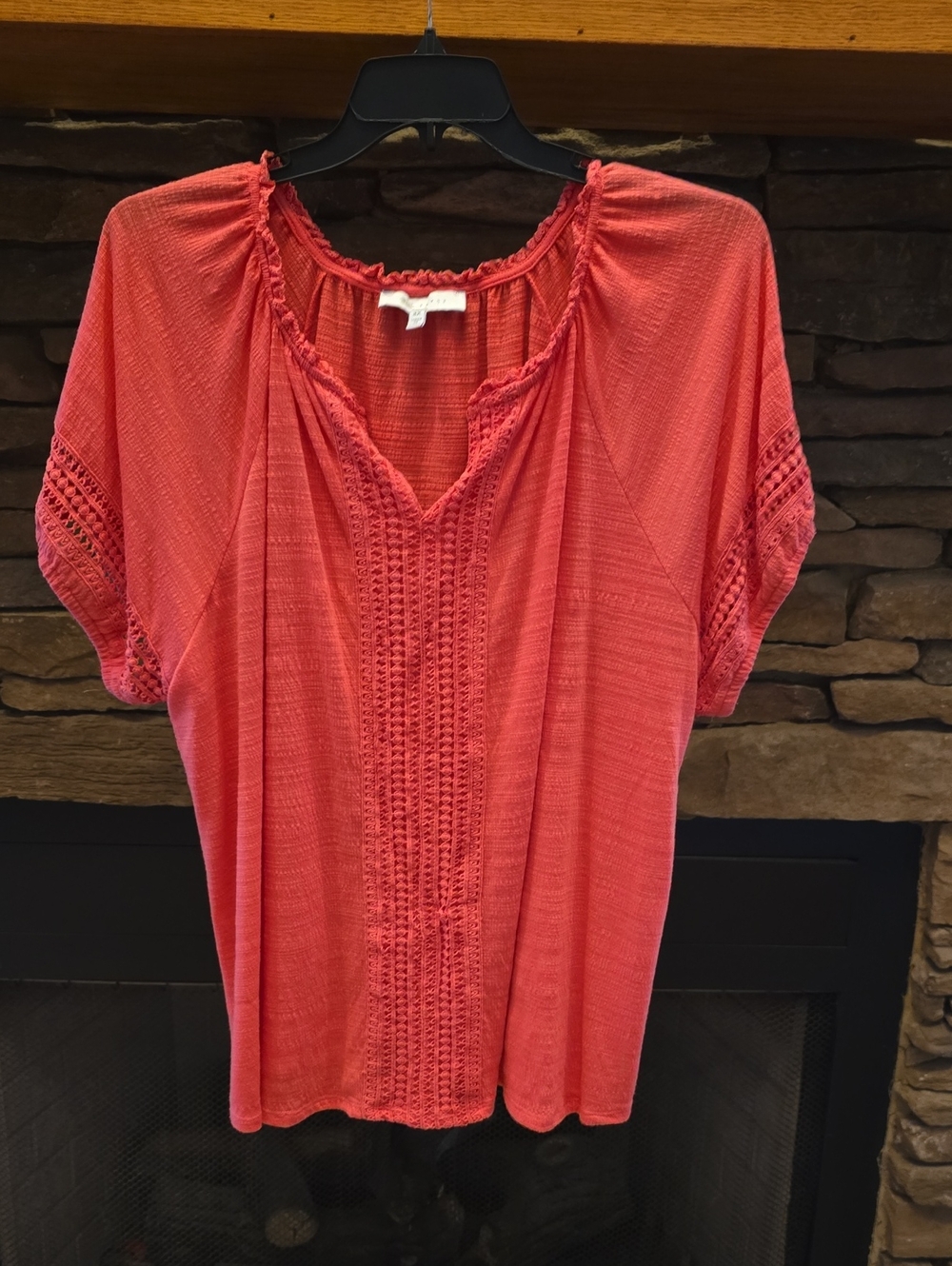 Fever Coral Crochet-Trim Peasant Top